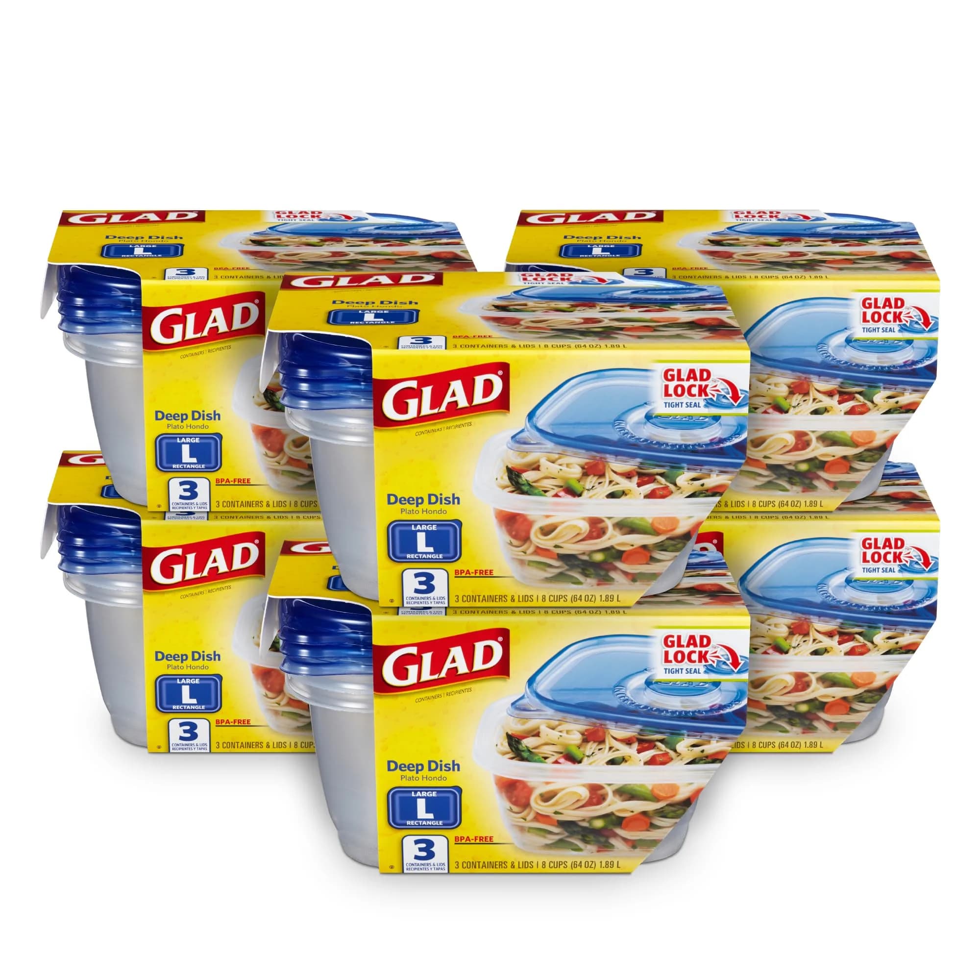 Glad GladWare To-Go Medium Rectangle Snack Containers, 24 Oz (710 ml) with Dressing Cup, 6-Pack | Airtight & Leak-Resistant for Salads & Snacks — 64 oz / Rectangle