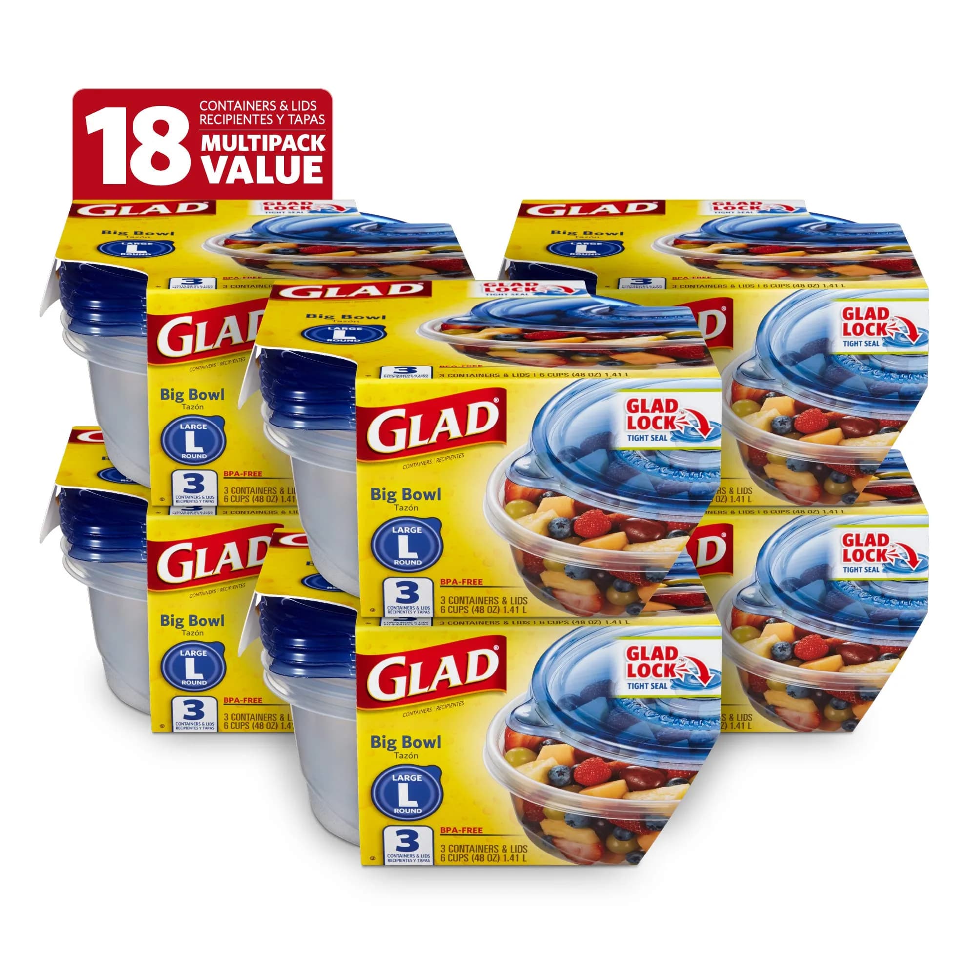 GladWare Big Bowl Medium Round Food Storage Containers with Lids, 48 Oz, 3 Count - 6 Pack - main product image