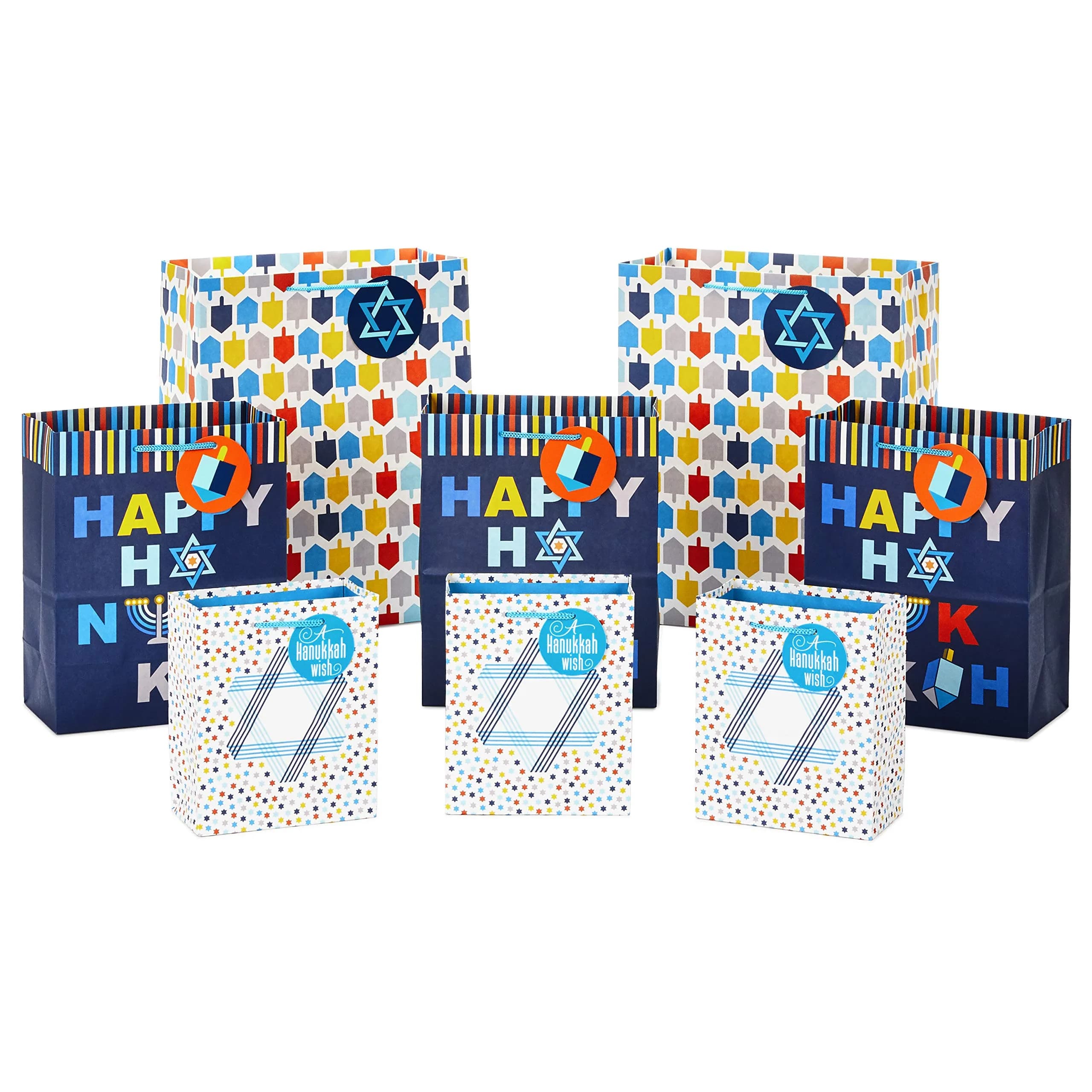 Hallmark Hanukkah Gift Bag Assortment (8 Pack) | Festive Hanukkah Designs in Blue, Orange, Yellow — Gift Bags