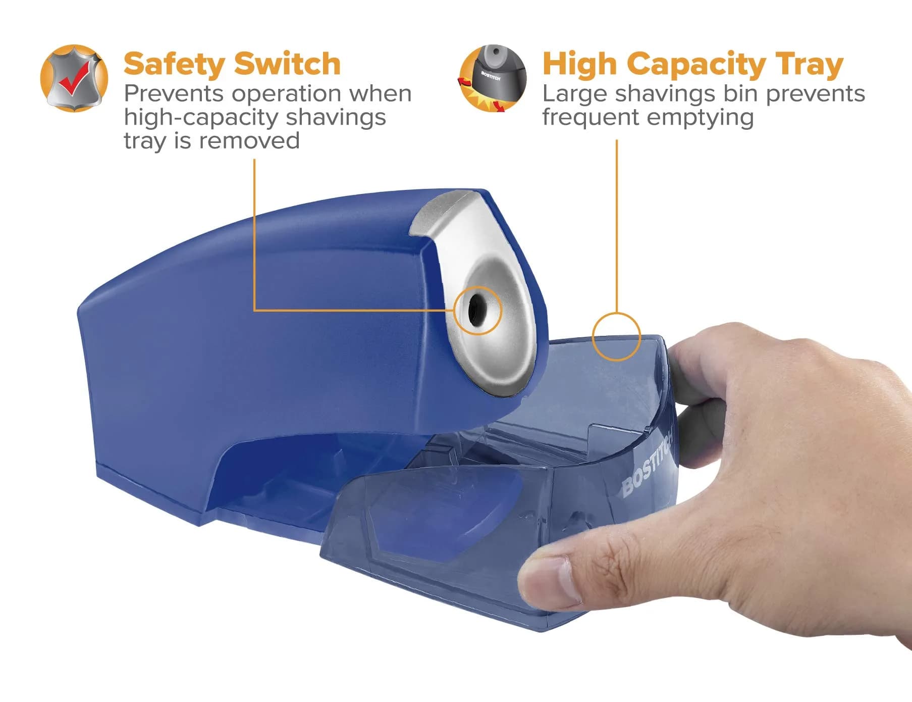 Bostitch Electric Pencil Sharpener for Classroom & Desk Use, Heavy-Duty Stall-Free Motor, High-Capacity Shavings Tray, Dark Blue - view 5