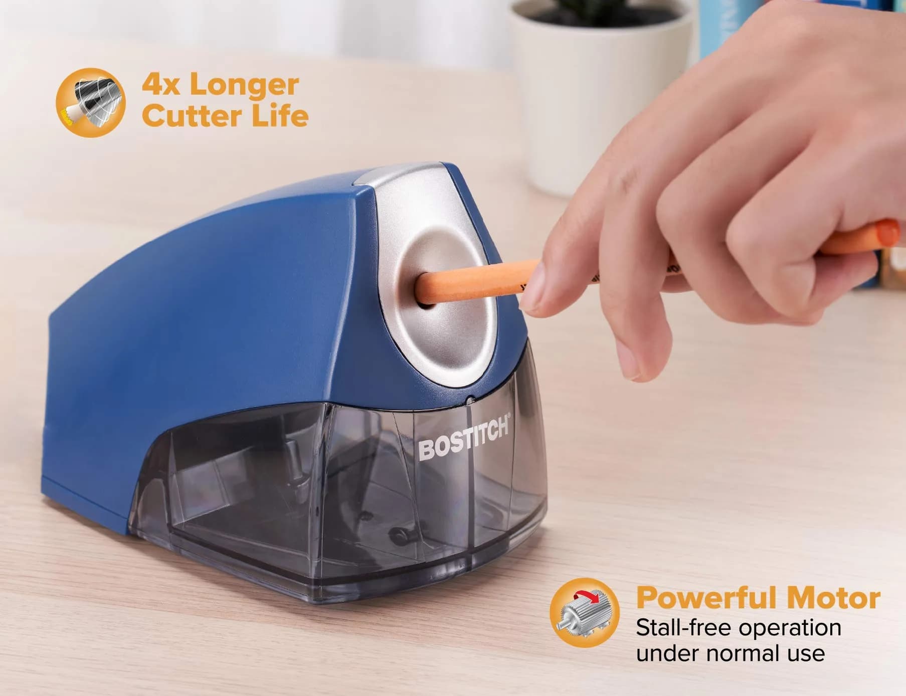 Bostitch Electric Pencil Sharpener for Classroom & Desk Use, Heavy-Duty Stall-Free Motor, High-Capacity Shavings Tray, Dark Blue - view 2