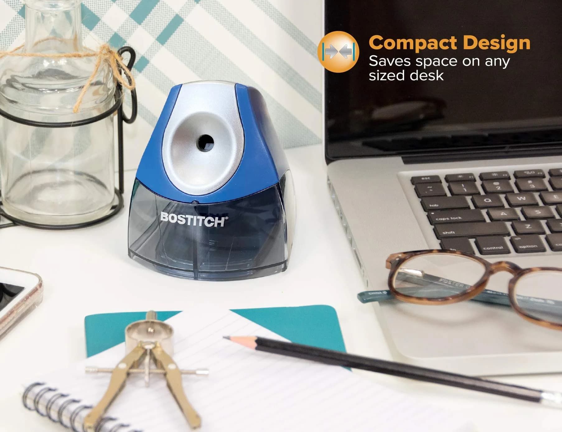 Bostitch Electric Pencil Sharpener for Classroom & Desk Use, Heavy-Duty Stall-Free Motor, High-Capacity Shavings Tray, Dark Blue - view 3