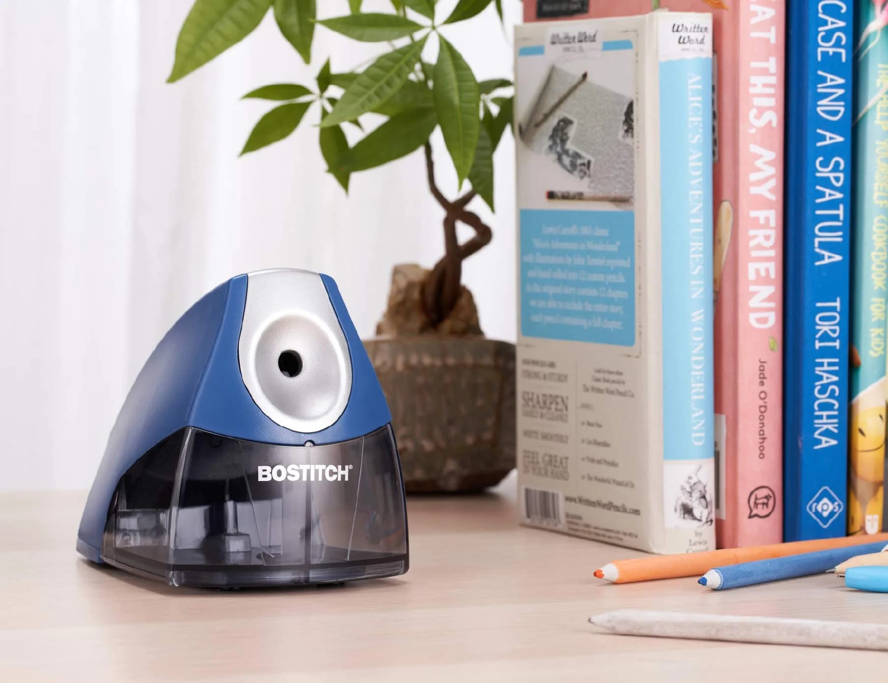 Bostitch Electric Pencil Sharpener for Classroom & Desk Use, Heavy-Duty Stall-Free Motor, High-Capacity Shavings Tray, Dark Blue - view 4