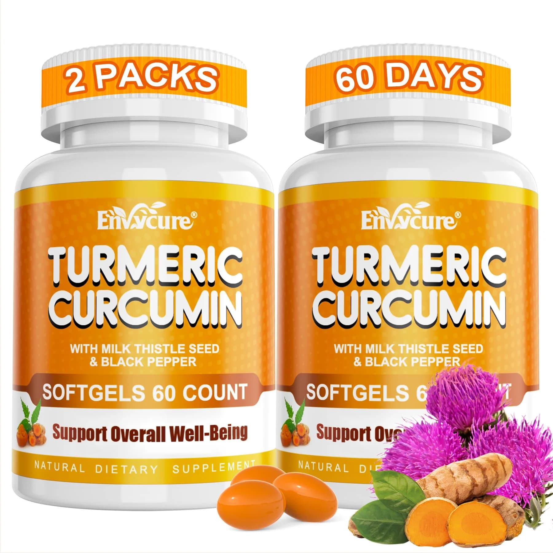 EnvyCure Turmeric Curcumin 2000mg Softgels with Milk Thistle, Ginger, Black Pepper | Supports Liver & Immunity — Softgel
