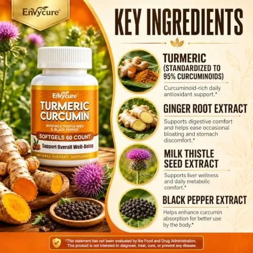 EnvyCure Turmeric Curcumin 2000mg Softgels with Milk Thistle, Ginger, Black Pepper | Supports Liver & Immunity thumbnail 3