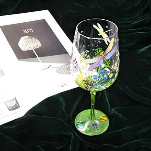 NymphFable Dragonfly Floral Hand-Painted Wine Glass Gift for Women, 15 oz | Artistic Hand-Painted Glassware thumbnail 4