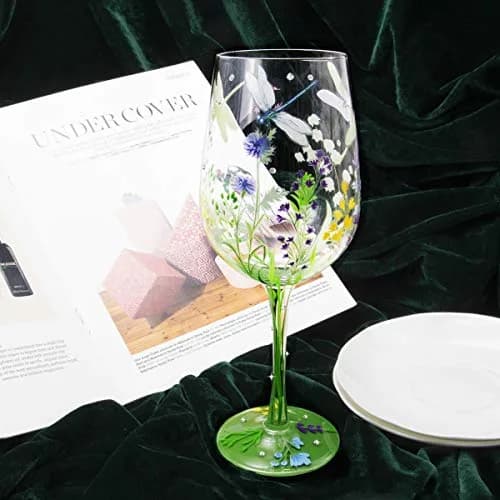 NymphFable Dragonfly Floral Hand-Painted Wine Glass Gift for Women, 15 oz | Artistic Hand-Painted Glassware thumbnail 2