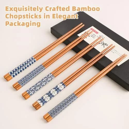 Antner Natural Bamboo Chopsticks 22.5 cm (8.8 Inch) | Japanese Style Print, 5 Pairs thumbnail 5