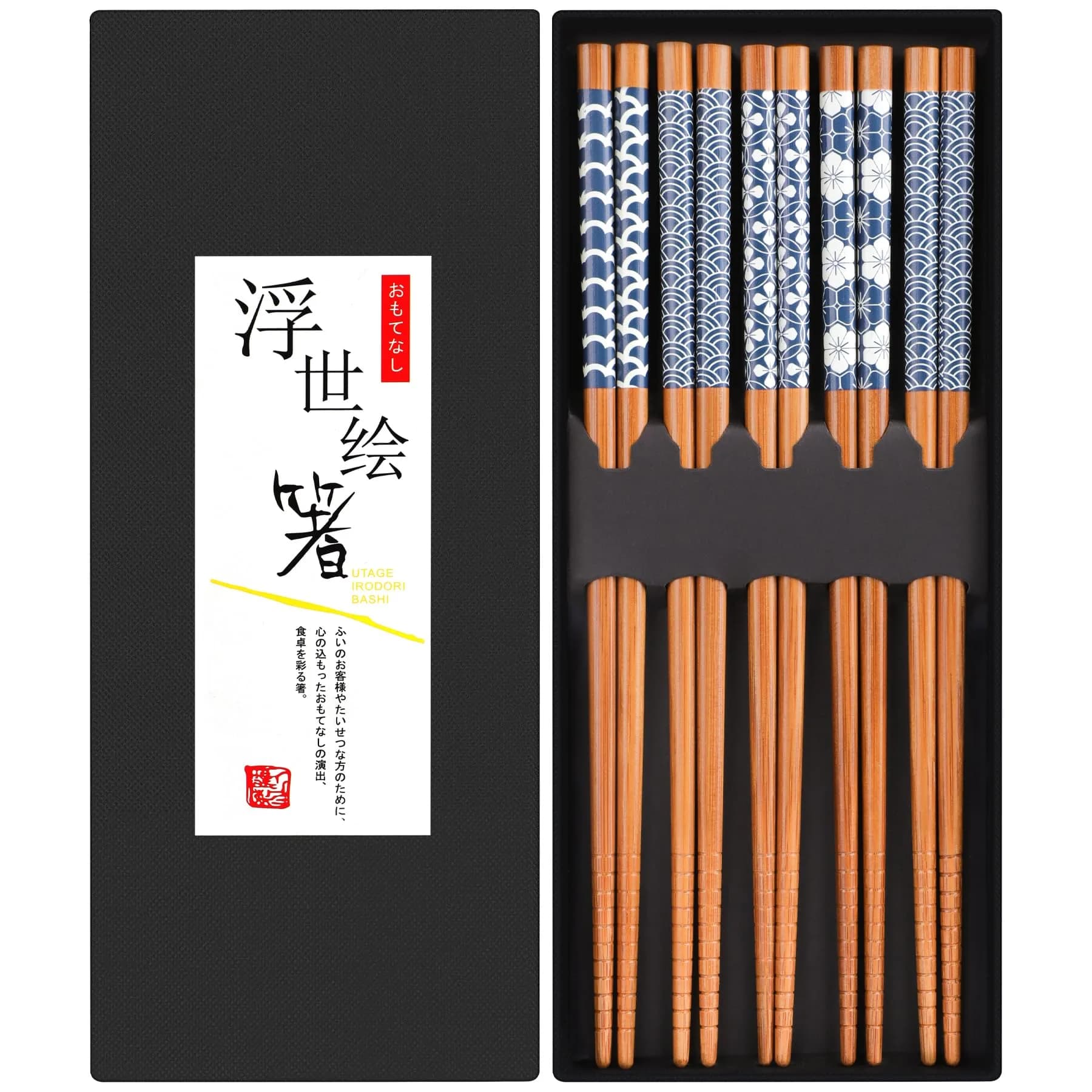 Antner Natural Bamboo Chopsticks 22.5 cm (8.8 Inch) | Japanese Style Print, 5 Pairs — Natural Bamboo Style 2