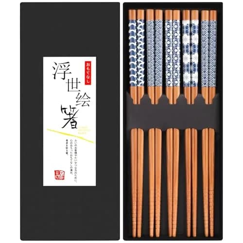 Antner Natural Bamboo Chopsticks 22.5 cm (8.8 Inch) | Japanese Style Print, 5 Pairs - main product image