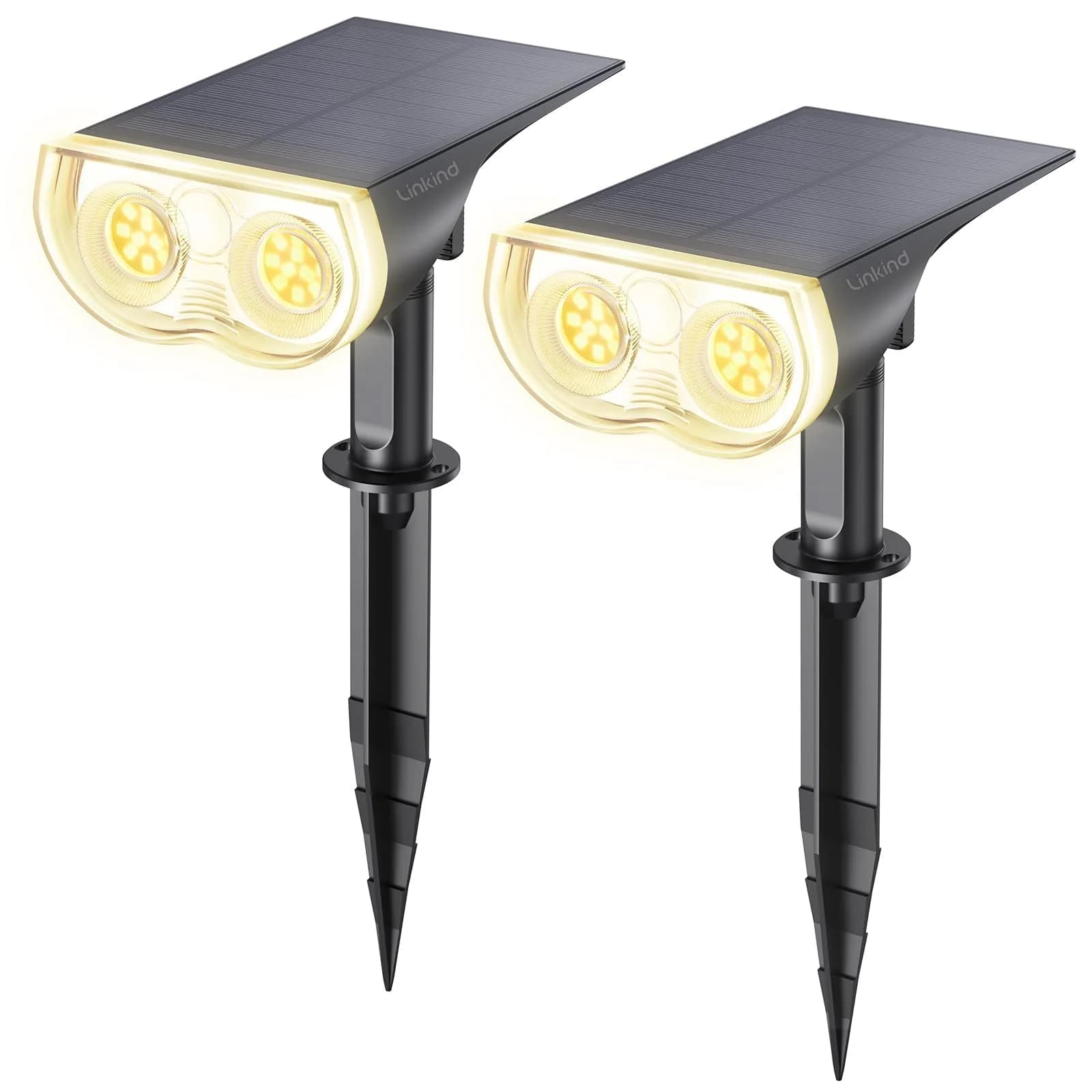Linkind Solar Lights Outdoor Waterproof LED Spotlights 2 Pack | 650 Lumens, IP65 Weatherproof, Dusk-to-Dawn, Warm White