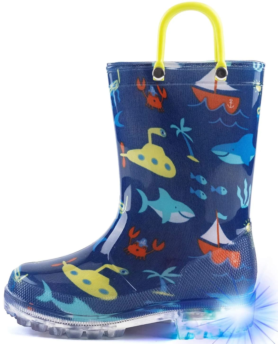 HugRain Boys Kids Rain Boots Size 3 | Light Up Waterproof Shark Ocean Blue (Lightweight, Easy-On Handles, Waterproof, 20mm Heel)