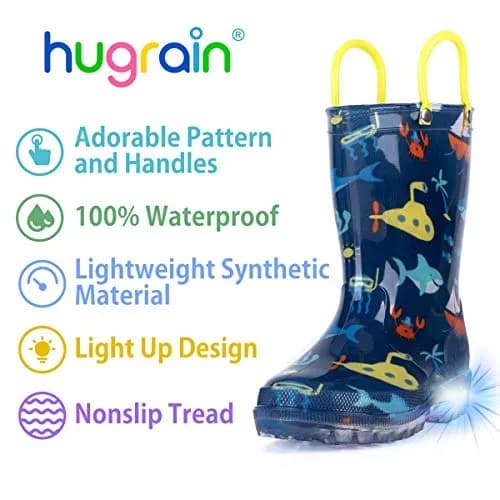 HugRain Boys Kids Rain Boots Size 3 | Light Up Waterproof Shark Ocean Blue (Lightweight, Easy-On Handles, Waterproof, 20mm Heel) thumbnail 3
