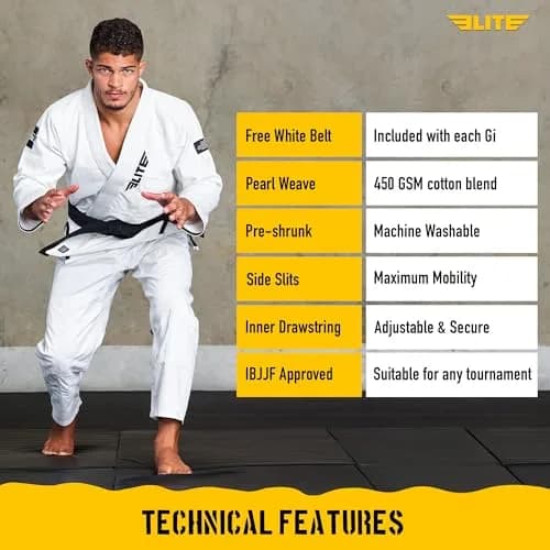 Elite Sports BJJ GI for Men - Premium White, Size 1 (A1) | IBJJF Approved Kimono with Free White Belt thumbnail 5