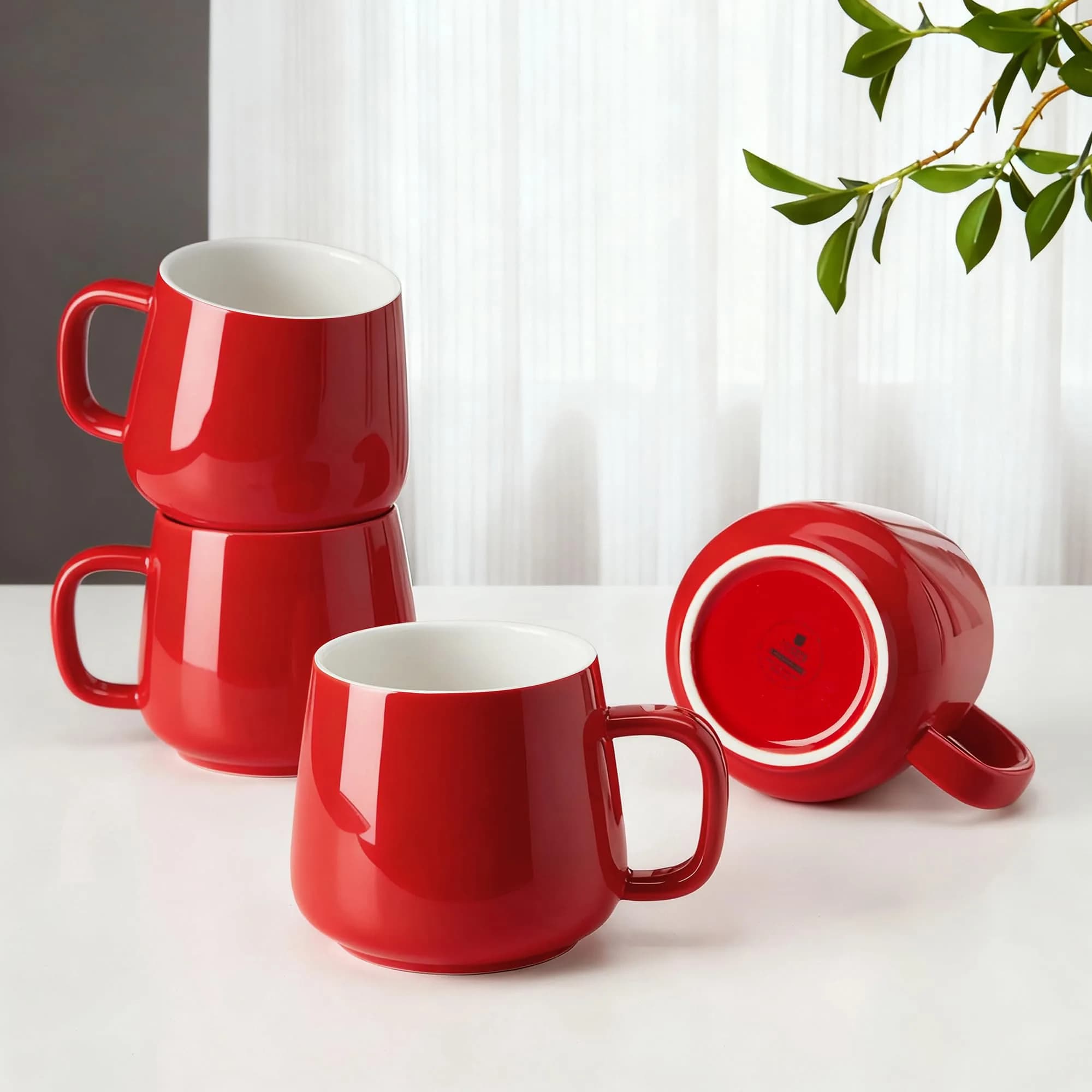 Teocera Ceramic Coffee Mug Set of 4 - 355ml (12 oz) Red | Large Handles for Hot & Cold Drinks
