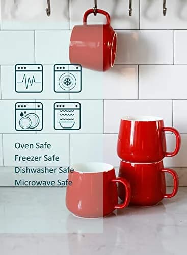 Teocera Ceramic Coffee Mug Set of 4 - 355ml (12 oz) Red | Large Handles for Hot & Cold Drinks thumbnail 9