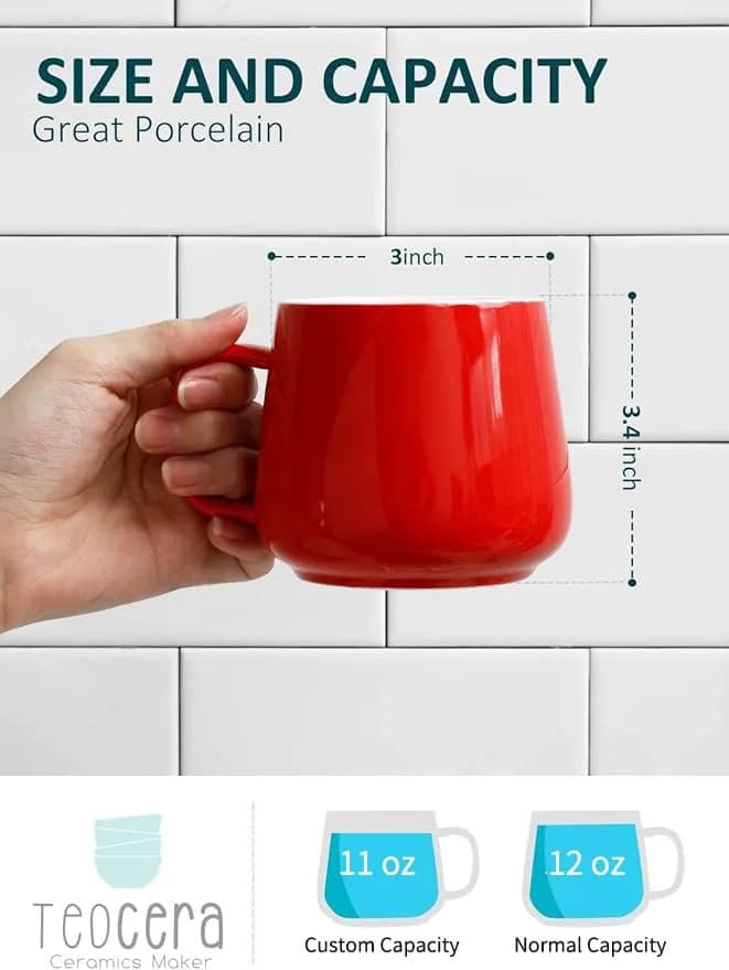 Teocera Ceramic Coffee Mug Set of 4 - 355ml (12 oz) Red | Large Handles for Hot & Cold Drinks thumbnail 3