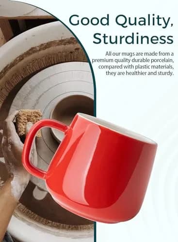 Teocera Ceramic Coffee Mug Set of 4 - 355ml (12 oz) Red | Large Handles for Hot & Cold Drinks thumbnail 5