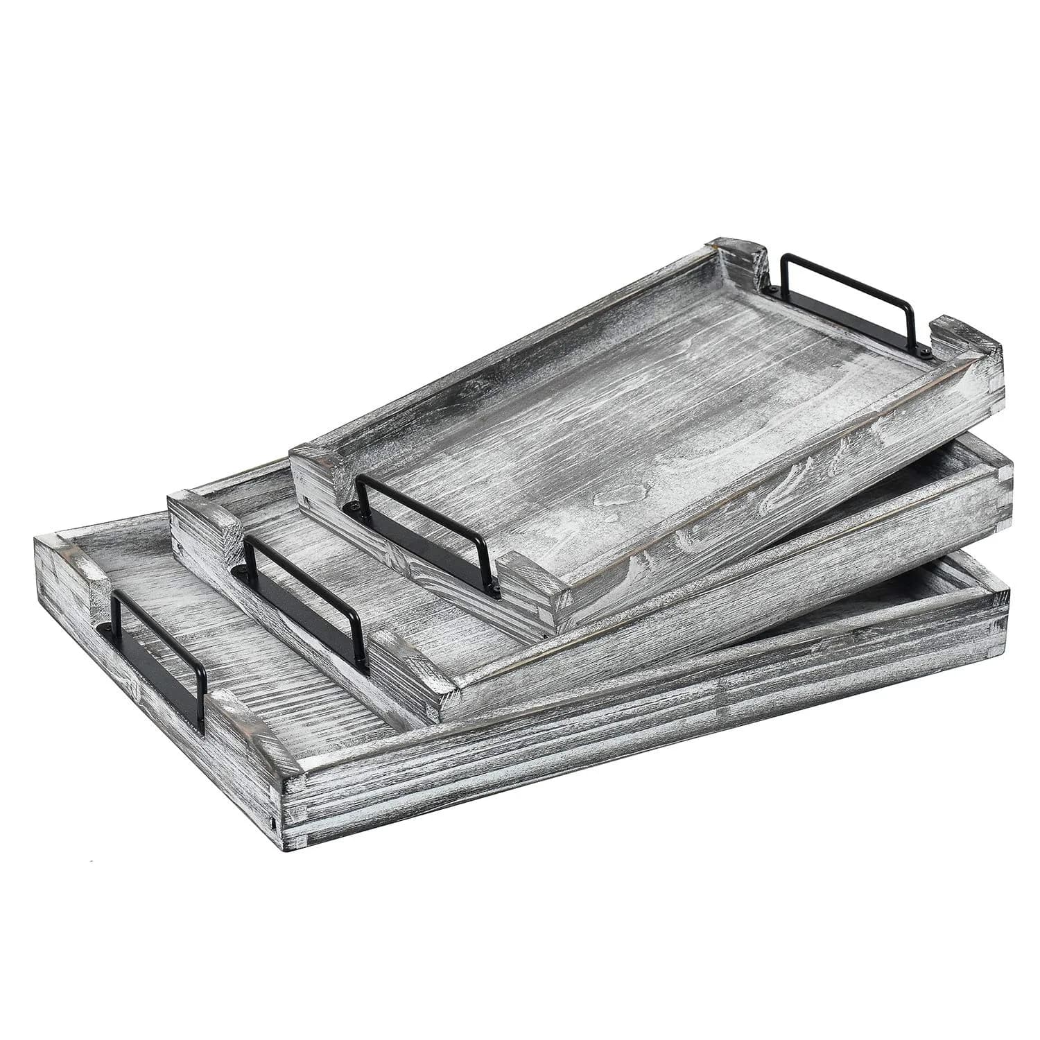 VERGOODR Country Rustic Torched Wood Nesting Serving Trays with Handles, Set of 3 | 32cm (12.5") x 23cm (9") x 5cm (2") - main product image