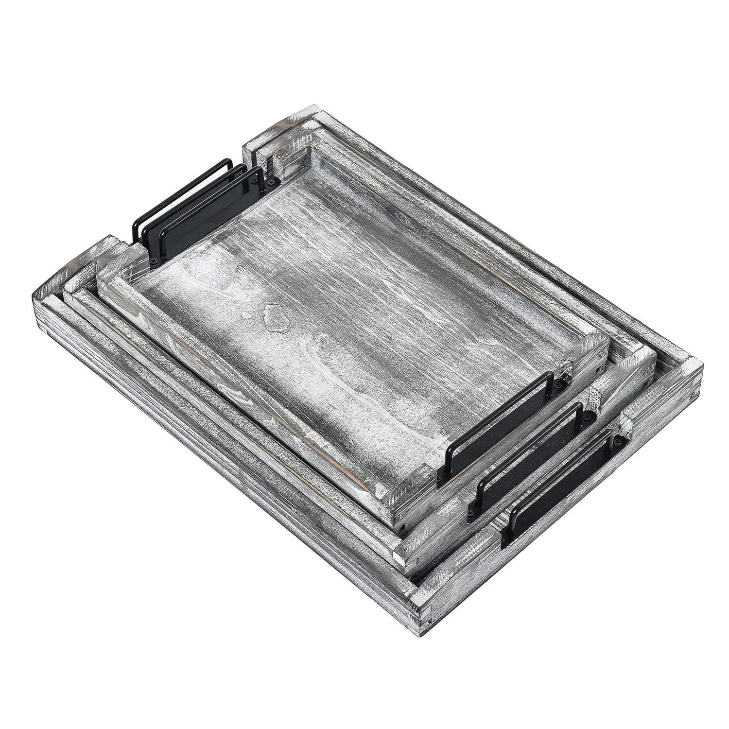 VERGOODR Country Rustic Torched Wood Nesting Serving Trays with Handles, Set of 3 | 32cm (12.5") x 23cm (9") x 5cm (2") - view 6