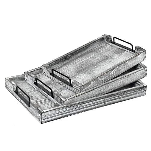 VERGOODR Country Rustic Torched Wood Nesting Serving Trays with Handles, Set of 3 | 32cm (12.5") x 23cm (9") x 5cm (2") thumbnail 1