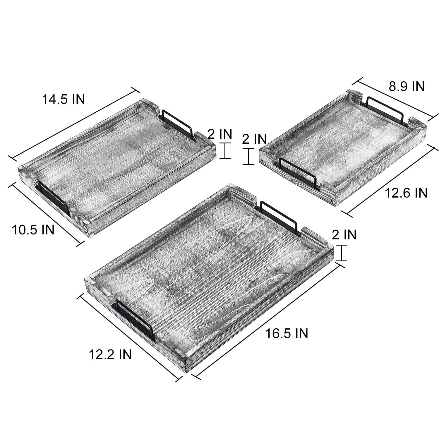 VERGOODR Country Rustic Torched Wood Nesting Serving Trays with Handles, Set of 3 | 32cm (12.5") x 23cm (9") x 5cm (2") - view 2