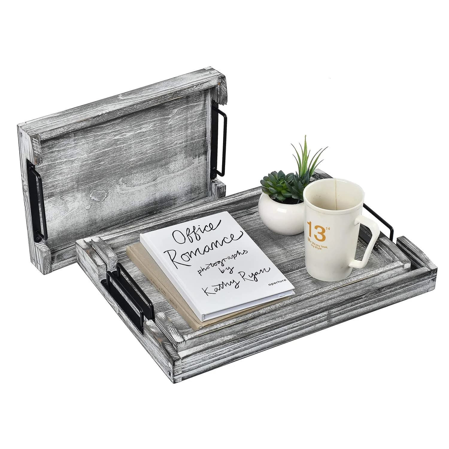 VERGOODR Country Rustic Torched Wood Nesting Serving Trays with Handles, Set of 3 | 32cm (12.5") x 23cm (9") x 5cm (2") - view 3