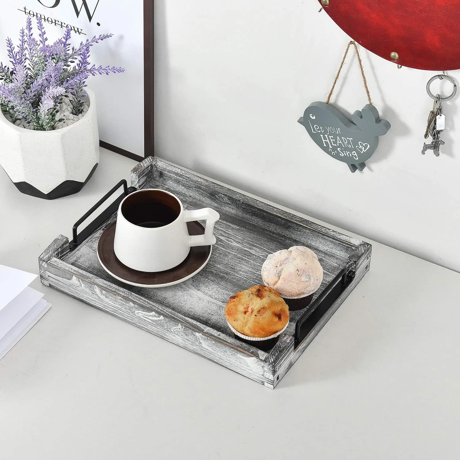 VERGOODR Country Rustic Torched Wood Nesting Serving Trays with Handles, Set of 3 | 32cm (12.5") x 23cm (9") x 5cm (2") - view 4