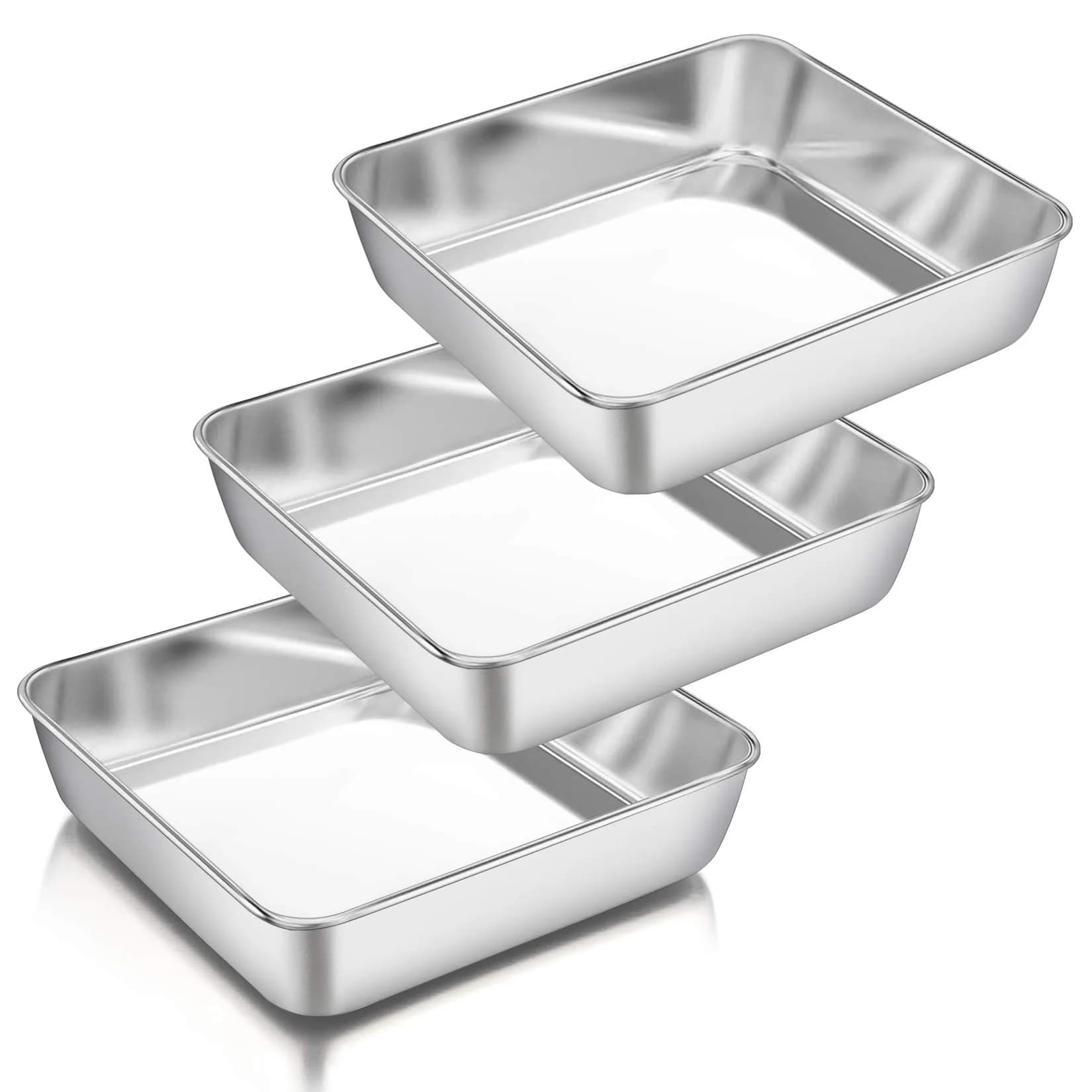 P&P CHEF Square Baking Pan Set 8.3x8.3x2 inches (21x21x5 cm) | 3-Piece Stainless Steel Brownie Pan — 8 Inch