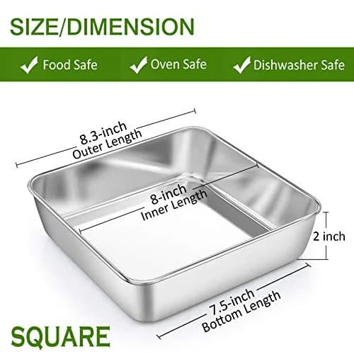 P&P CHEF Square Baking Pan Set 8.3x8.3x2 inches (21x21x5 cm) | 3-Piece Stainless Steel Brownie Pan thumbnail 2