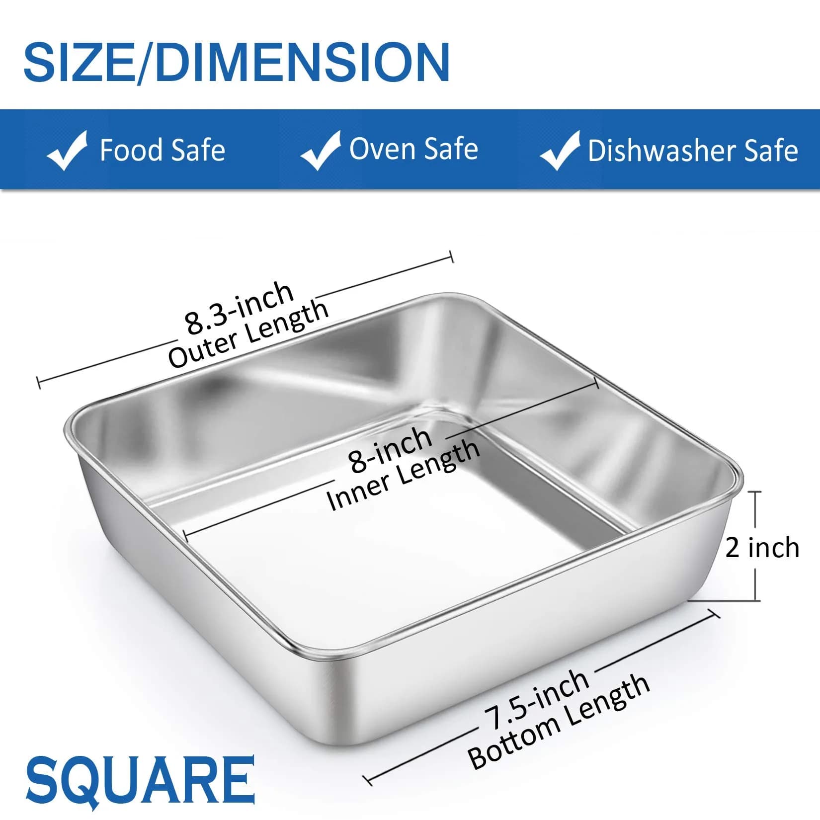 P&P CHEF Square Baking Pan 8x8 Inch (20.3x20.3 cm) - Set of 2 | Heavy Duty Stainless Steel - view 2