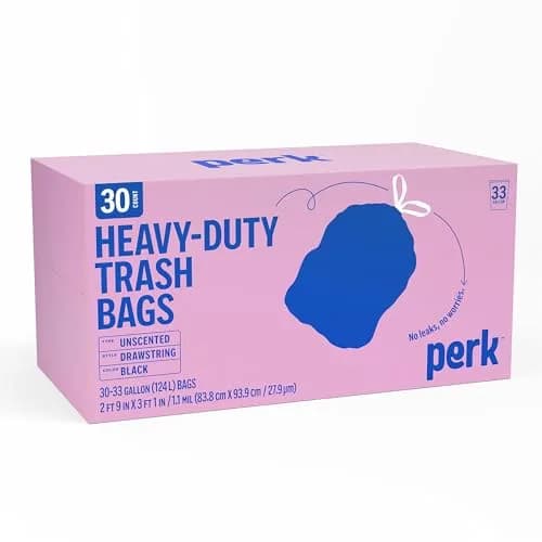 Perk Black Kitchen Trash Bags 33 Gallon | Heavy-Duty Drawstring Liners for Home & Office thumbnail 1
