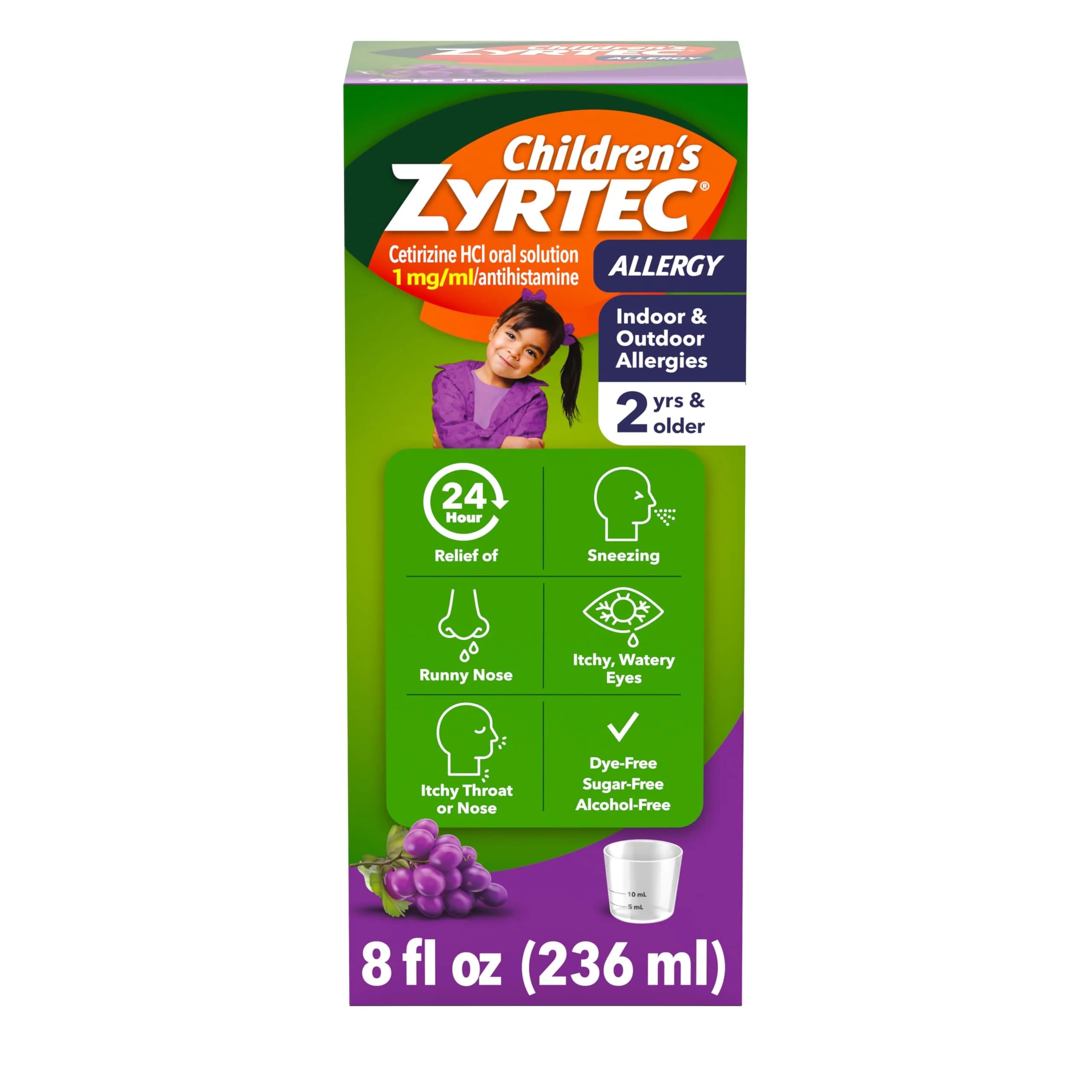 Zyrtec Children's Allergy Relief Syrup 8 fl. oz | Grape Flavor, 5 mg Cetirizine, Dye-Free, Sugar-Free, 24-Hour Relief, For Kids 2+ — Grape