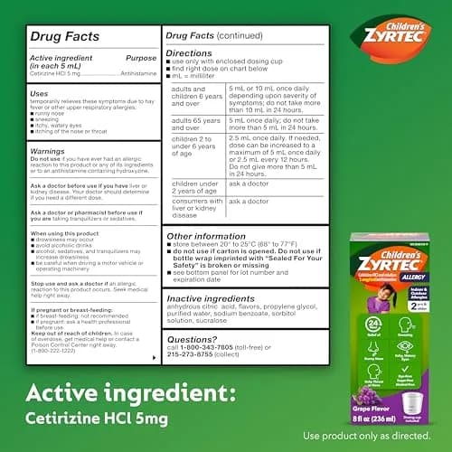 Zyrtec Children's Allergy Relief Syrup 8 fl. oz | Grape Flavor, 5 mg Cetirizine, Dye-Free, Sugar-Free, 24-Hour Relief, For Kids 2+ thumbnail 7