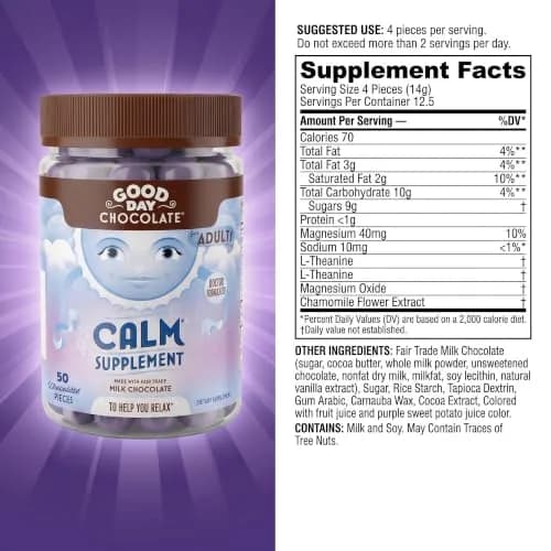 Good Day Chocolate Natural Calming Supplement for Adults, 50 Pieces | Magnesium & Chamomile Blend for Stress Relief thumbnail 2