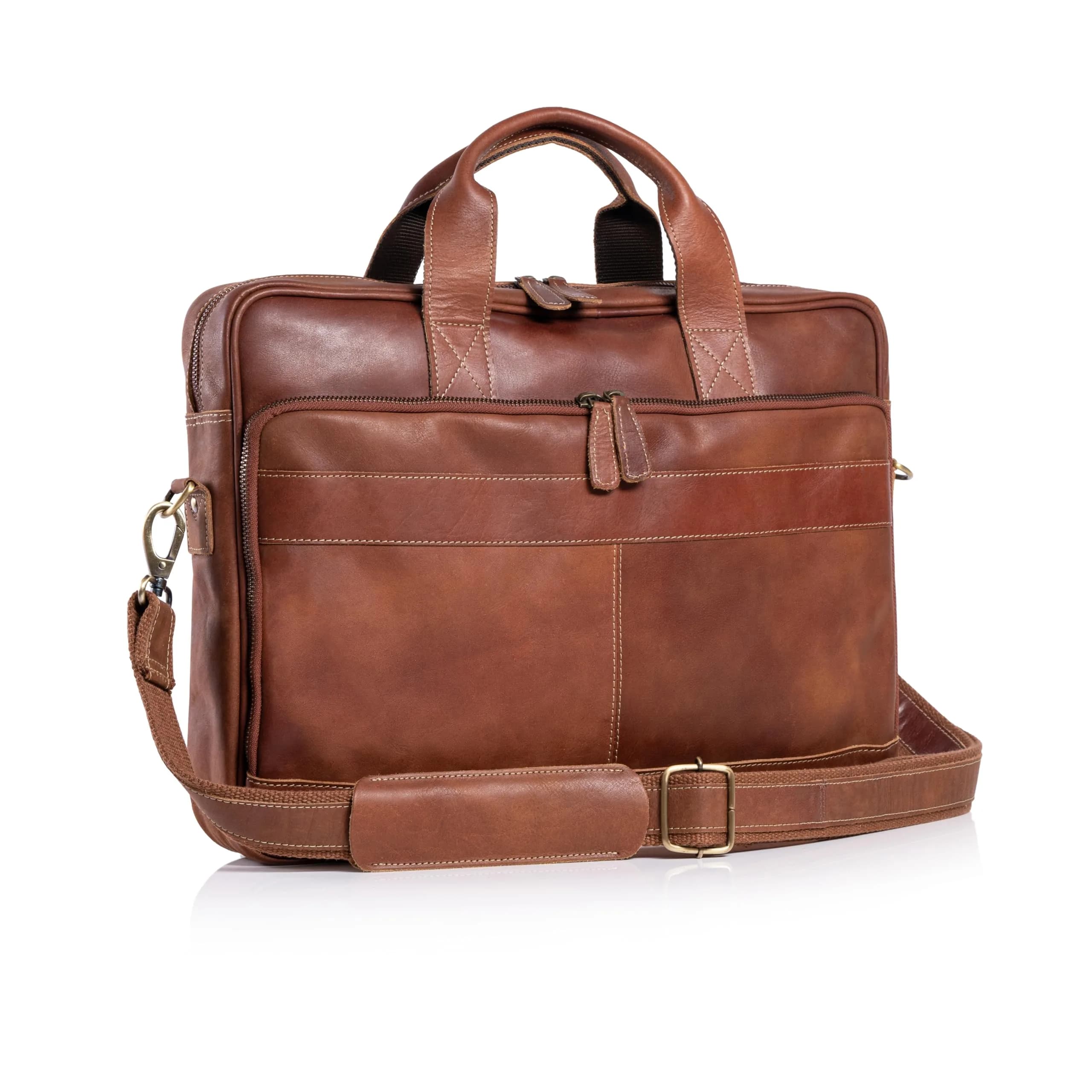 KomalC 16 Inch Leather Laptop Messenger Bag for Men & Women, Office Satchel | Premium Buffalo Leather Briefcase — Tan