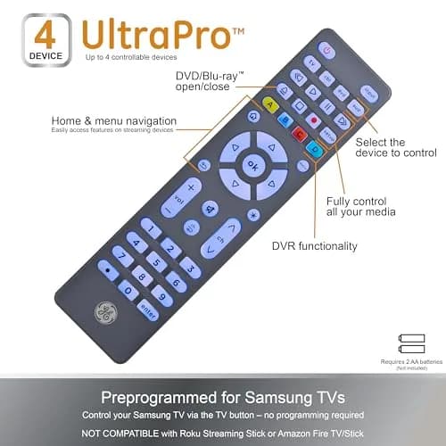 GE 4-Device Backlit Universal Remote Control | Samsung TV Compatible, Graphite, 1 Pack thumbnail 3