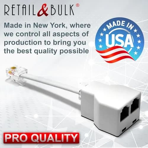 RetailAndBulk Phone Jack Splitter for Landline RJ11 6P4C | Dual Jack Adapter with 2.5 Inch Cable, Made in USA thumbnail 5