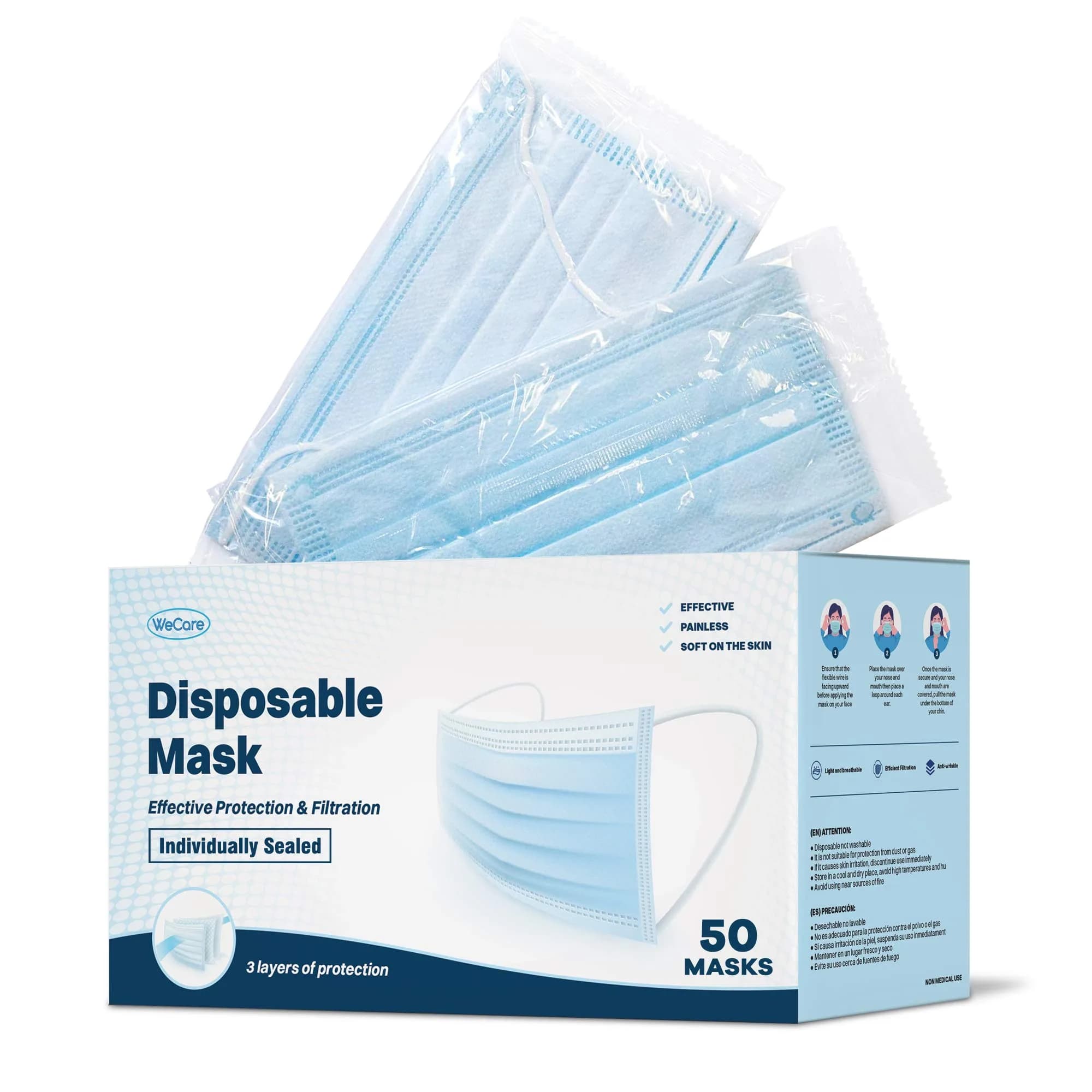 WECARE Disposable Face Mask Individually Wrapped - 50 Pack, Blue Masks 3 Ply | Comfortable, Breathable & Latex-Free