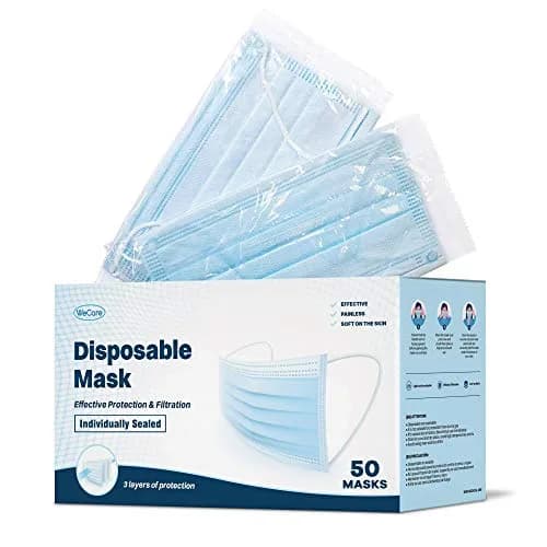 WECARE Disposable Face Mask Individually Wrapped - 50 Pack, Blue Masks 3 Ply | Comfortable, Breathable & Latex-Free thumbnail 1