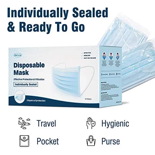 WECARE Disposable Face Mask Individually Wrapped - 50 Pack, Blue Masks 3 Ply | Comfortable, Breathable & Latex-Free thumbnail 2