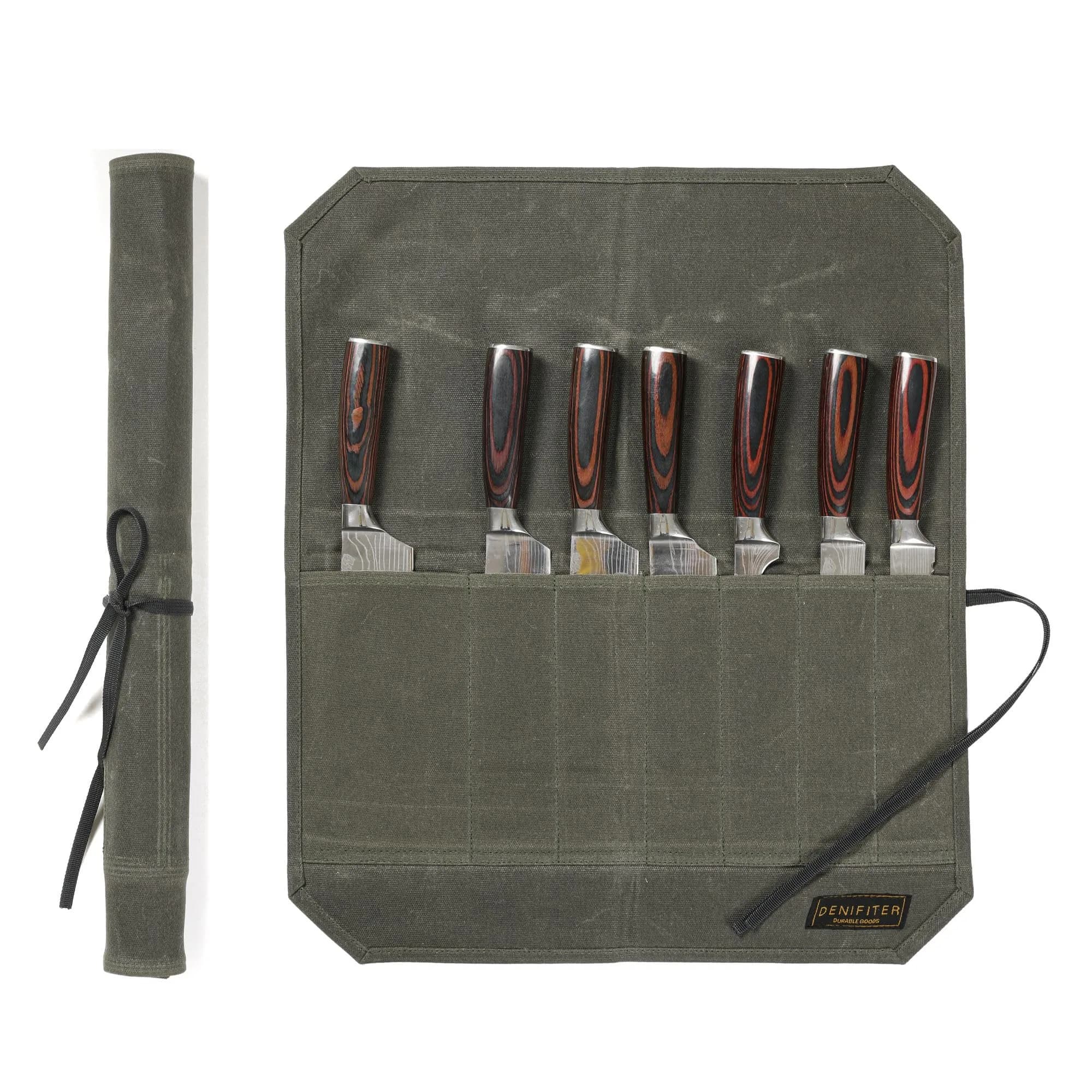 Denifiter Heavy Duty Waxed Canvas Knife Roll Bag 55cm (21") | Holds Knives up to 17" | Water Resistant — Army Green