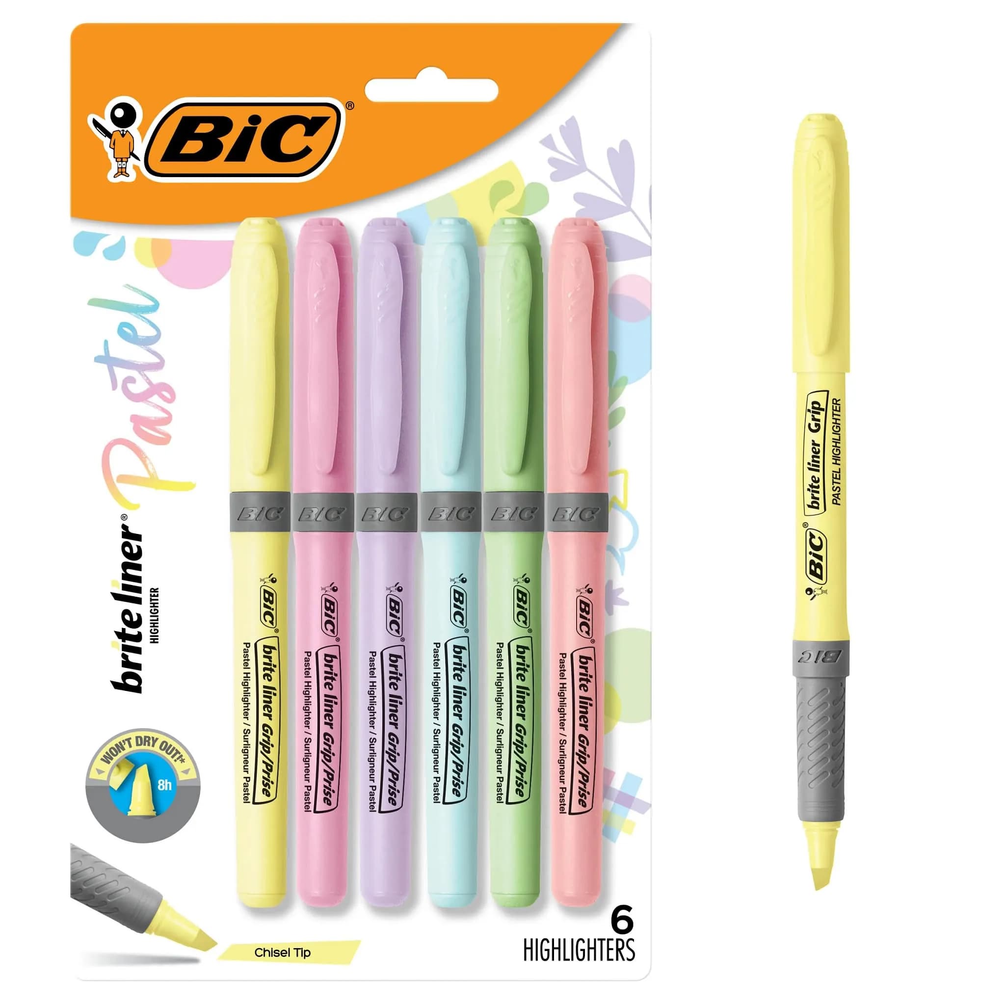 BIC Brite Liner Grip Pastel Highlighter Set, Chisel Tip, 6-Count Pack | Smooth Ink Flow Marking Pen