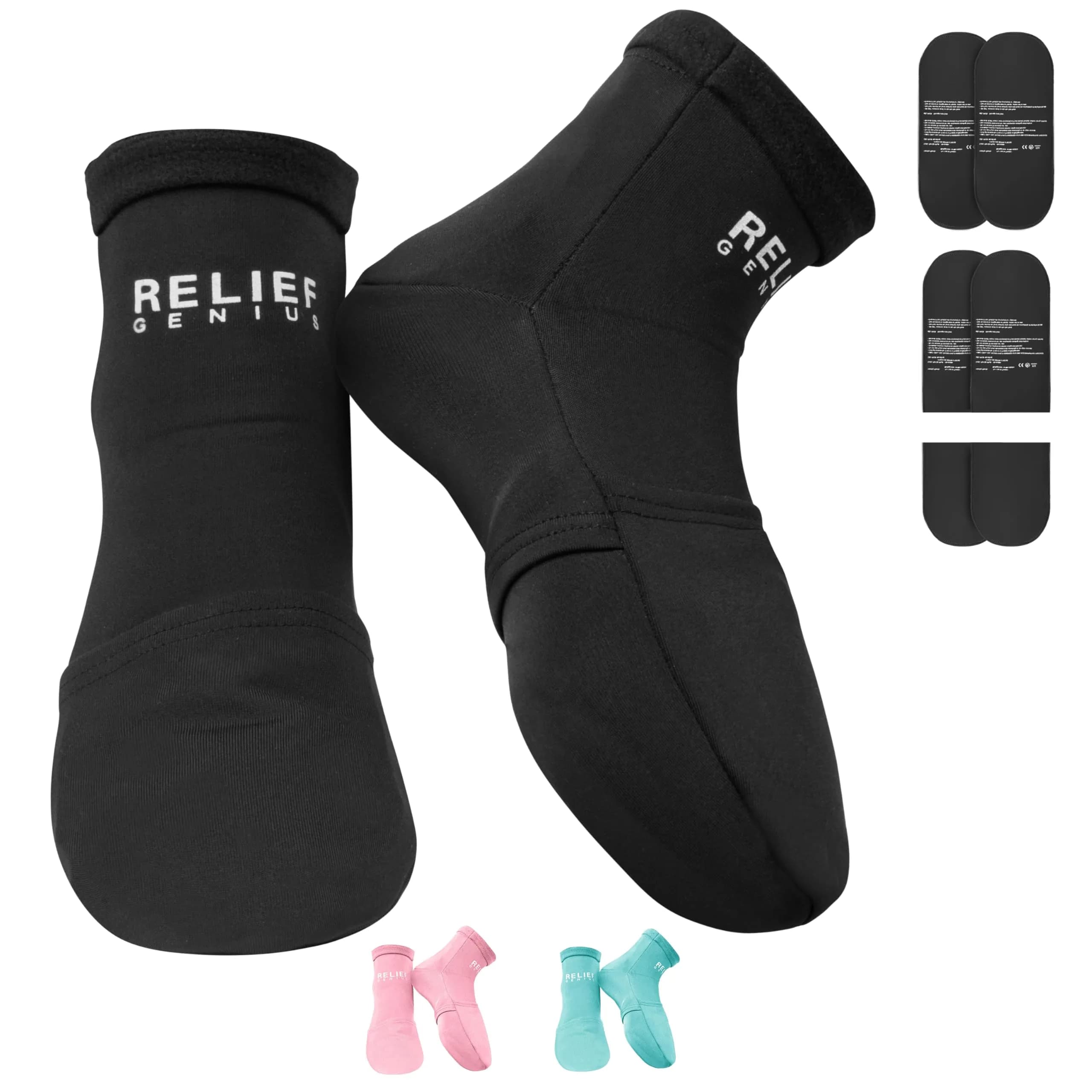CTR BAND Relief Genius Cold Therapy Socks with 6 Gel Packs - Small/Medium | Full Foot Coverage for Pain & Swelling Relief — Black Socks Pair / Large
