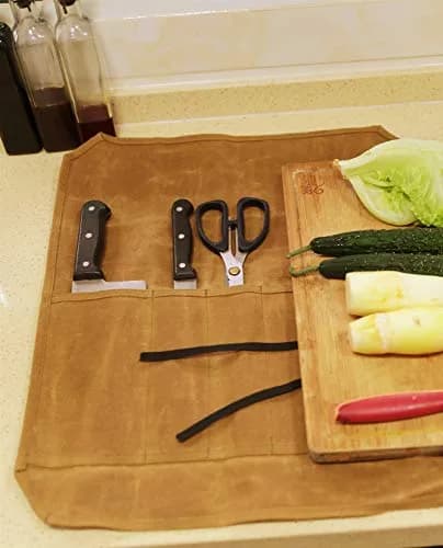 Denifiter Waxed Canvas Knife Roll Bag - 7 Pockets, 55cm x 44cm Khaki | Durable & Water-Resistant for Chefs thumbnail 5