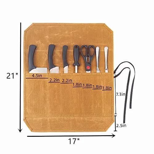 Denifiter Waxed Canvas Knife Roll Bag - 7 Pockets, 55cm x 44cm Khaki | Durable & Water-Resistant for Chefs thumbnail 2