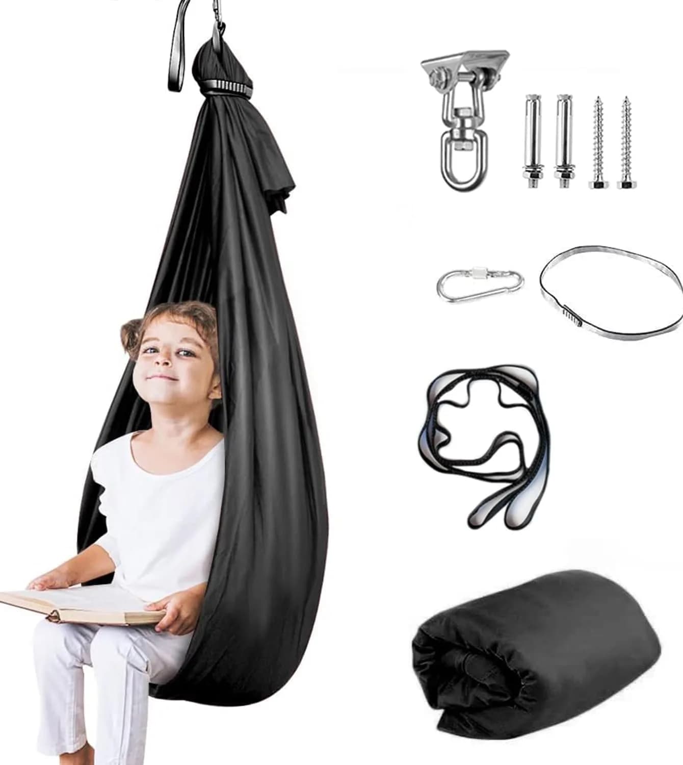 Aokitec Sensory Swing for Kids & Adults, Black Nylon Therapy Hammock Chair | 110"L x 63"W