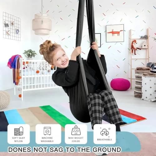 Aokitec Sensory Swing for Kids & Adults, Black Nylon Therapy Hammock Chair | 110"L x 63"W thumbnail 2