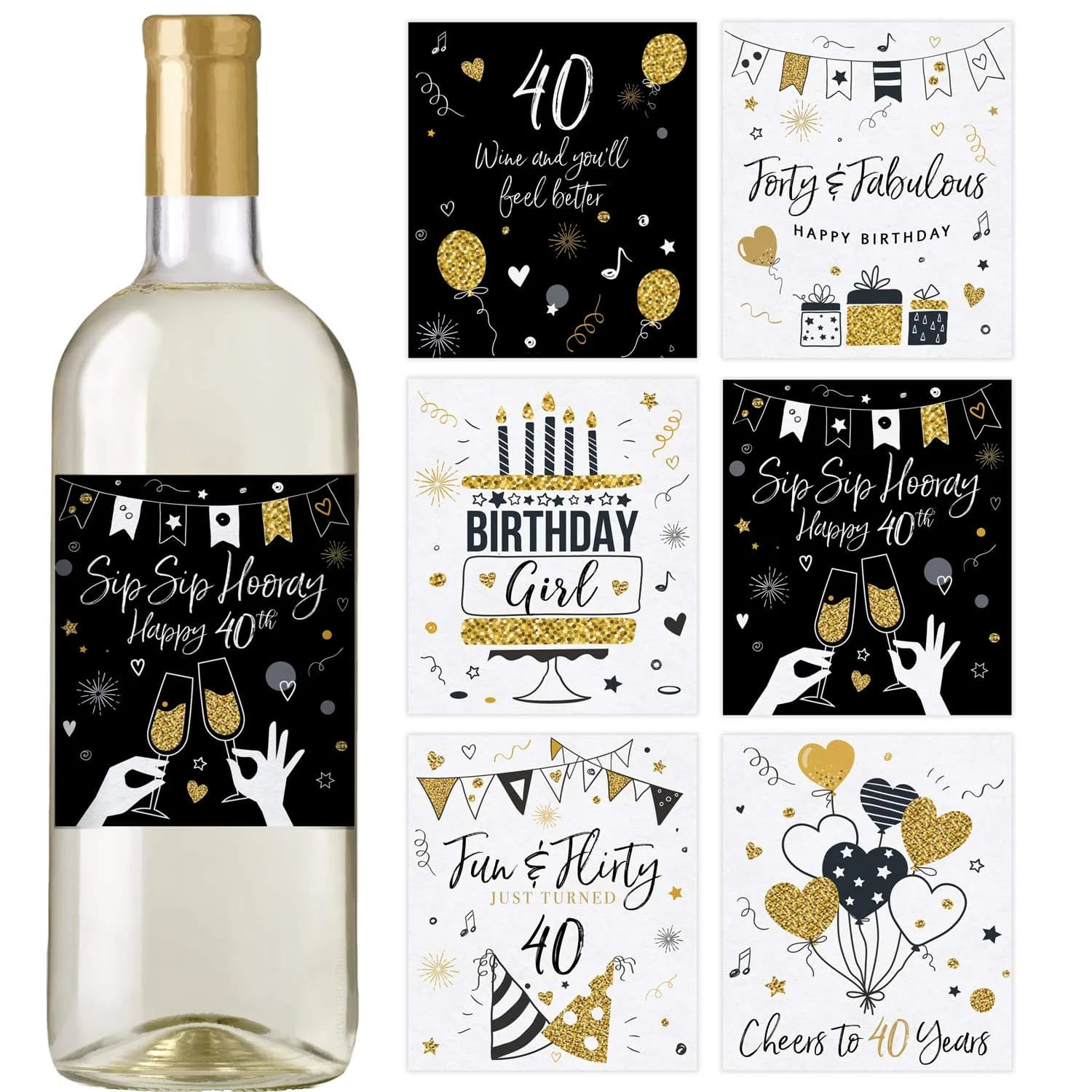 Printed Party 40th Birthday Wine Bottle Labels Black and Gold Set of 6 | Waterproof Vinyl Party Decor
