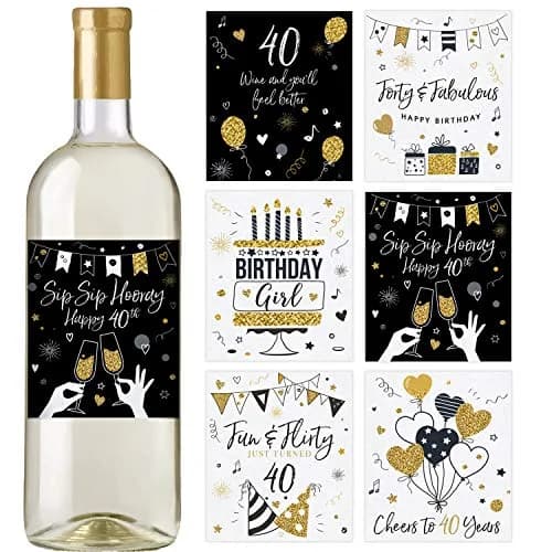 Printed Party 40th Birthday Wine Bottle Labels Black and Gold Set of 6 | Waterproof Vinyl Party Decor thumbnail 1